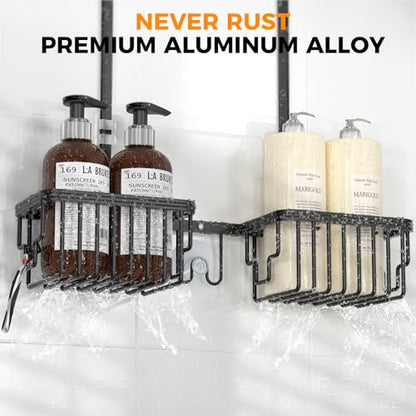 Adjustable Aluminum Shower Caddy Hanging for Handheld Showerhead, Black | Rustproof Aluminum, Shower Organizer, Anti-Slip, Quick-Drain Shelf, 40lbs Capacity, Suction Cups, 8 Hooks, Razor Soap Holders - color: Black