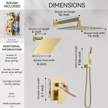 STARBATH Shower Faucet Set Shower System with Diverter Valve, Brushed Gold | 12 Inch Rain Shower Head, 6 Inch Wall Mount Shower Head and Handheld Spray for Two Person, Luxury Shower Sets Complete - color: Gold, size: 12"+6"-01