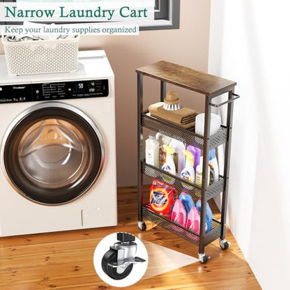 XYZLVSI Utility Slim Storage Cart, 4 Tier Kitchen Narrow Shelf on Wheels | 7.1" W skinny rolling cart with wooden top and metal handle, ideal for bathroom/dorm/office, between washer and dryer storage - size: 16.7"Dx7.1"Wx34"H