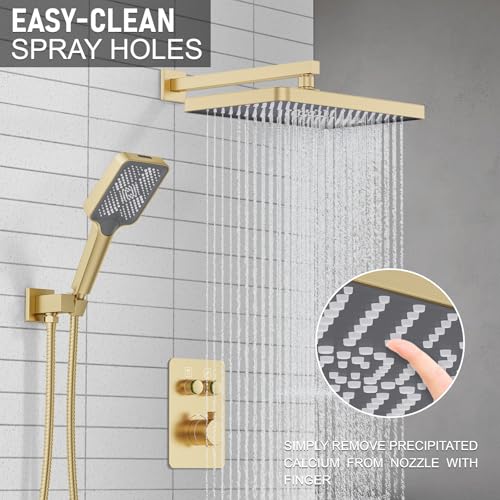 Thermostatic Shower System 13-Inch Rainfall Shower Head - 3 Setting Handheld Sprayer, Complete Bathroom Set with Faucet Mixer Trim Kit & Valve Brushed Gold