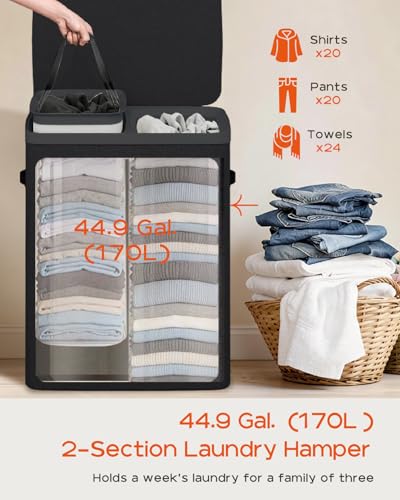CASAMAYA Laundry Basket with Lid, Laundry Hamper 2 Section, 170L collapsible Laundry Organizer, Easy Assembly, with Handles and Removable Liners, 22 x 15.7 x 29.5 Inches, Black JSP903B - color: Black, size: 170L(2-Section)