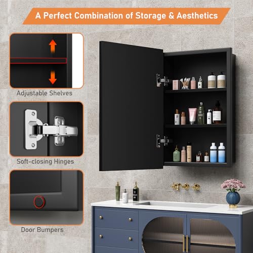 16X24 Inches Medicine Cabinet, Wall Mounted Bathroom Cabinet wirh Beveled Mirror, Recessed or Surface Medicine Cabinet with Storage - size: 16X24 IN