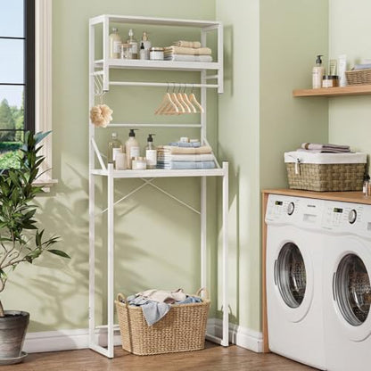 Tangkula 3-Tier Over The Toilet Storage, 64” Tall Bathroom Shelf Space Saver with Hanging Bar, 3 S-Shaped Hooks, Metal Legs, Freestanding Above Toilet Bathroom Organizer for Laundry Room, White