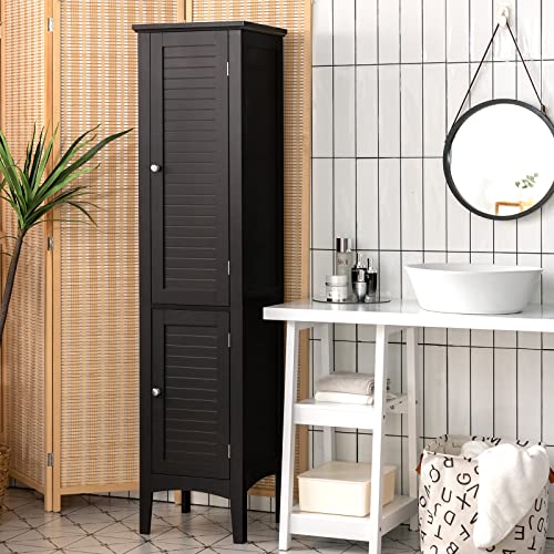 Tangkula Tall Bathroom Storage Cabinet, 5-Tier Wooden Freestanding Tower Cabinet, Narrow Storage Floor Cabinet w/ 2 Doors & Shelves for Bathroom Living Room Kitchen (Black)