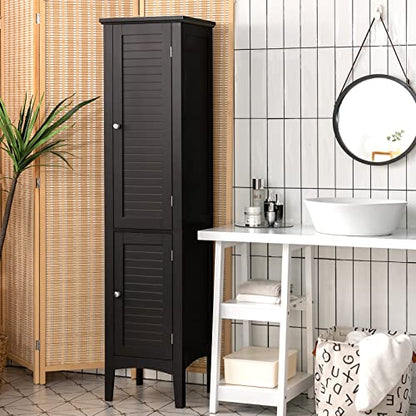 Tangkula Tall Bathroom Storage Cabinet, 5-Tier Wooden Freestanding Tower Cabinet, Narrow Storage Floor Cabinet w/ 2 Doors & Shelves for Bathroom Living Room Kitchen (Black)