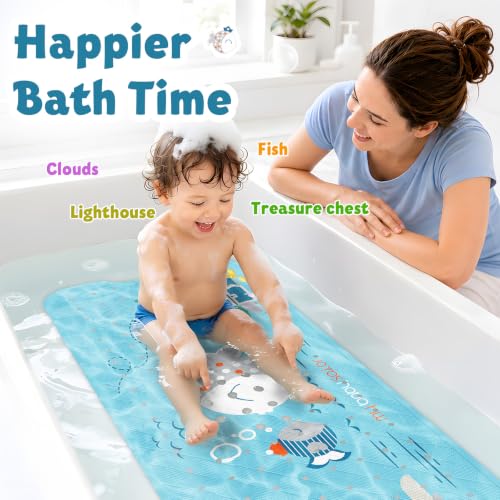 Baby Bath Mat for Tub Non Slip Kids, BPA Free Extra Long Bathtub Mat 40x16 with Drain Holes and 200 Suction Cups, Non Toxic Machine Washable Toddler Bath Mat, Eco-Friendly Certified - color: Ltblue 2fish Joy