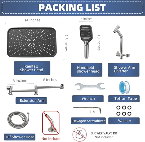 14" High Pressure Rain/Rainfall Shower Heads With Handheld Spray Combo (3+1 Settings & Built-in Power Wash Mode), Double/Dual Shower Head With Handheld - Height/Angle Adjustable(Brushed Nickel) - color: Brushed Nickel, size: 14 Inch