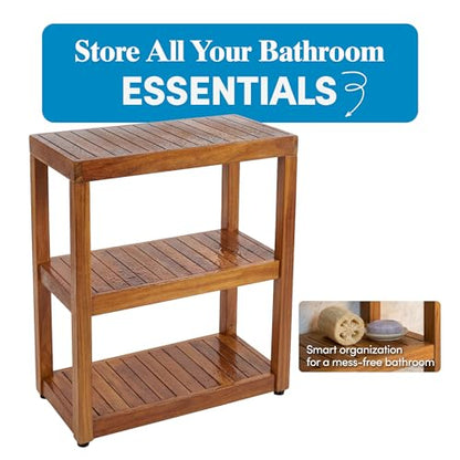 AquaTeak 12" Original Sula Rectangle Teak Bathroom Stand - Shower Stand with 3 Tier Shelf - Durable Water Resistant Shower Organizer - Space-Saving Storage Shelves with Anti-Slip Feet
