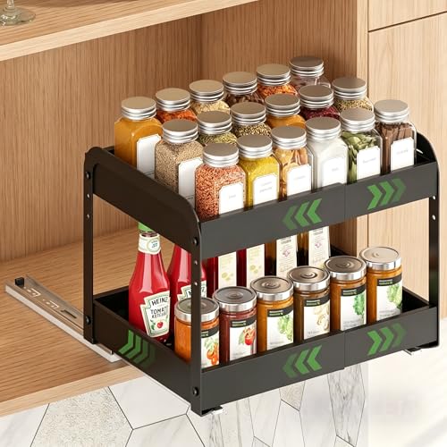 Across-Star Expandable Pull Out Drawers For Shallow Cabinets, 2-Tier Slide Out No Drill Adhesive Kitchen Cabinet Organzier, Adjustable Roll Out Sliding Shelf For Short Upper Cabinet Pantry - size: 8.4''-14.2''W*10.24''D*10.82''H