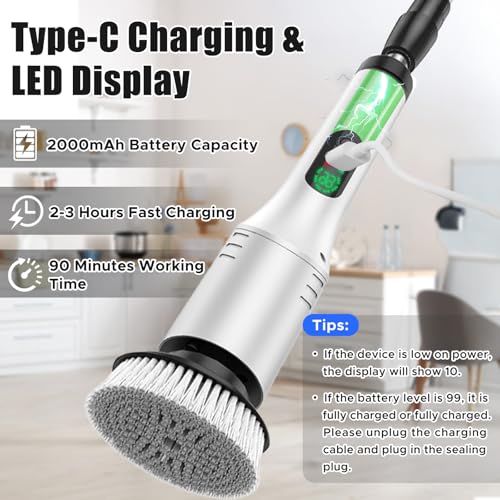 Electric Spin Scrubber, Bathroom Scrubber, Cordless Shower Cleaner Brush, 9 Replaceable Brush Heads, 2-Speed Adjustable, 2000mAh Battery, for Shower Tub Kitchen Tile Toilet