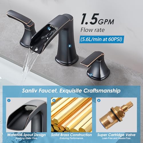Oil Rubbed Bronze Waterfall Bathroom Faucet, Sanliv 3-Piece Widespread Bathroom Sink Faucets, 2-Handle Bronze Vanity Faucet for 3-Hole Sinks 4-8 Inch with Pop-Up Drain (ORB) - color: Oil Rubbed Bronze