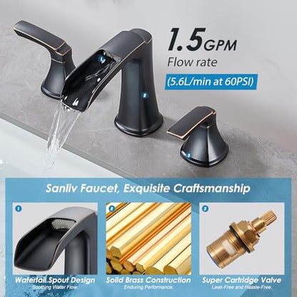 Oil Rubbed Bronze Waterfall Bathroom Faucet, Sanliv 3-Piece Widespread Bathroom Sink Faucets, 2-Handle Bronze Vanity Faucet for 3-Hole Sinks 4-8 Inch with Pop-Up Drain (ORB) - color: Oil Rubbed Bronze