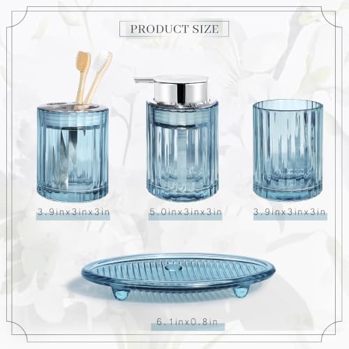 CERBIOR Bathroom Accessories Set, 4 PCS Glass Bathroom Set,Silver Blue | Includes Soap Dispenser, Toothbrush Holder, Toothbrush Cup, Soap Dish for Decorative Countertop and Housewarming Gift - style: Silver Blue