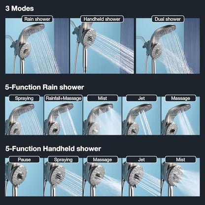 High Pressure Rain Shower Head with Handheld Spray Combo Fixed Showerhead Dual Shower Head Set 10 Sprays Detachable Hand Held Showerheads Built-in Magnetic System Brushed Nickel - color: Brushed Nickel