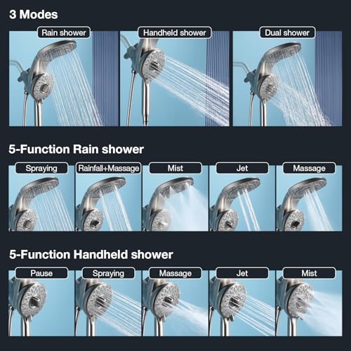 High Pressure Rain Shower Head with Handheld Spray Combo Fixed Showerhead Dual Shower Head Set 10 Sprays Detachable Hand Held Showerheads Built-in Magnetic System Brushed Nickel - color: Brushed Nickel