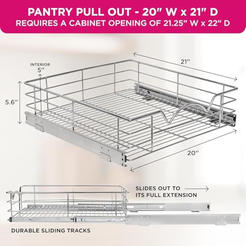 HOLDN’ STORAGE Pull Out Cabinet Organizer, Pantry Drawer, 20"W x 21"D x 5"H | Heavy-Duty Full-Extension, Roll Out Shelf for Pots, Pans & Under Sink Storage, Chrome, Require a 21.25"W Cabinet Opening - size: 20 Inch