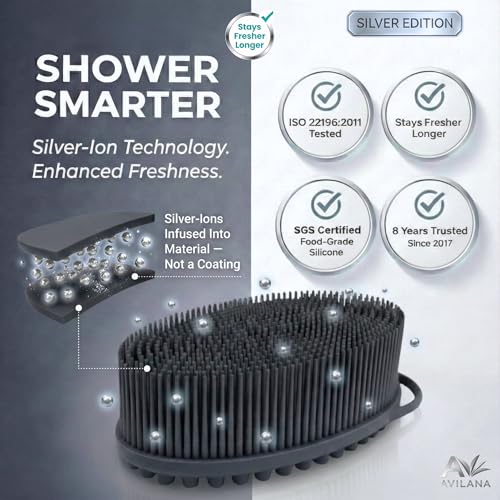 Avilana Silicone Body Scrubber for Shower – SGS Certified Food Grade Dual Sided Bath Brush, Gentle Exfoliating Silicone Loofah Alternative, Sensitive Skin Body Brush (Green-Silver, Massage) - color: Green-silver, size: Massage