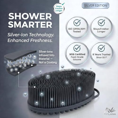 Avilana Silicone Body Scrubber for Shower – SGS Certified Food Grade Dual Sided Bath Brush, Gentle Exfoliating Silicone Loofah Alternative, Sensitive Skin Body Brush (Green-Silver, Massage) - color: Green-silver, size: Massage
