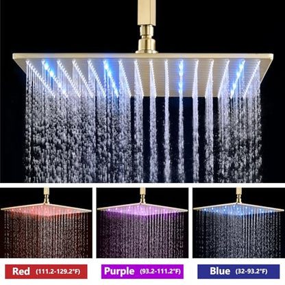 Aolemi Ceiling Shower Faucet Set with Handheld 16" LED Head Brushed Gold | Handheld Spray,16 Inch Rain LED Head,Shower Valve and Trim Kit,All Metal,Ceiling System,Bathroom Mixer - color: Gold, size: 16 Inch LED Shower Head