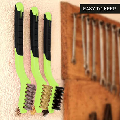 Wire Brush Set 3Pcs - Nylon/Brass/Stainless Steel Bristles with Curved Handle Grip for Rust, Dirt & Paint Scrubbing with Deep Cleaning – 7 Inches (Green) - color: Green