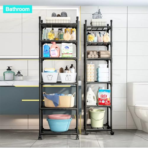 Black Shelving Unit, 42x 32 x 165 cm, 6 Tier Tall Narrow Shelving Unit with Wheels and Anti-Slip Feet, Adjustable Shelving (Black)