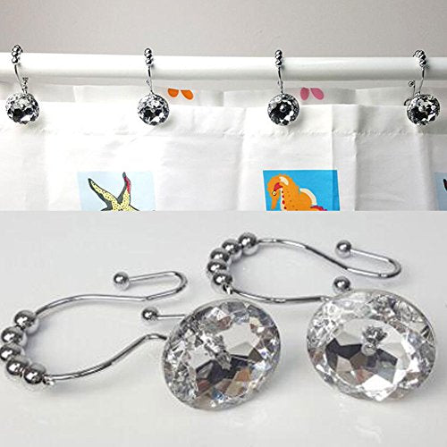 Shower Window Curtain Double Hooks，Stainless Steel Rustproof Crystal Rhinestones Gem Hooks 12-Pack (Rhinestone White)