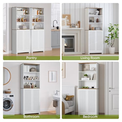 Smart FENDEE 66.77“ Tall Bathroom Storage Cabinet with 3 Open Shelves & Concealed Closed Storage, Farmhouse Freestanding Cabinet with Louvered Doors for Bathroom, Laundry Room, Kitchen - size: 66.77" Tall Floor Cabinet