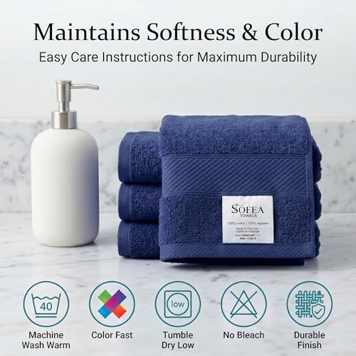 Sofea 100% Cotton Washcloths Set of 12, (12 x 12 Inch) 520 GSM Wash Cloths, Extra Soft Absorbent Quick Dry Face Towels - color: Navy Blue