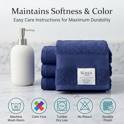 Sofea 100% Cotton Washcloths Set of 12, (12 x 12 Inch) 520 GSM Wash Cloths, Extra Soft Absorbent Quick Dry Face Towels - color: Navy Blue