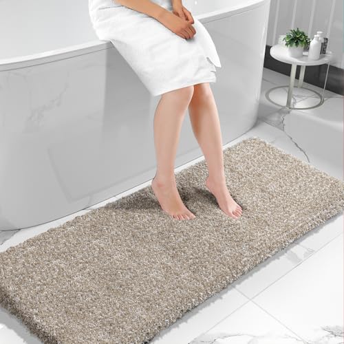 Yimobra Luxury Bathroom Rugs, Fluffy Bath Mats, Non Slip, Water Absorbent Microfiber, Machine Washable, Plush Runner Shower Rugs, Thick Matts for Bathroom Floor&Tub, 70" X 24", Light Brown and White - color: Light Brown and White, size: 70" X 24"