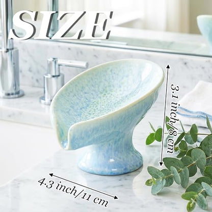 Ceramic Drain Soap Dish - Glacier Blue Leaf Self Draining Bar Soap Holder, Colorfast Stain Resistant Soap Saver for Bathroom & Kitchen, Shower, Sink, Easy Clean