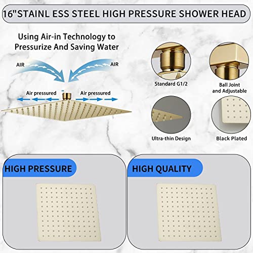 Rain Shower Head Brushed Gold with Extension Arm 16 Inch Square Shower Head with 16 Inch Shower Arm Large Stainless Steel Rainfall Showerhead Waterfall Full Body Coverage - color: Brushed Gold, size: 16inch