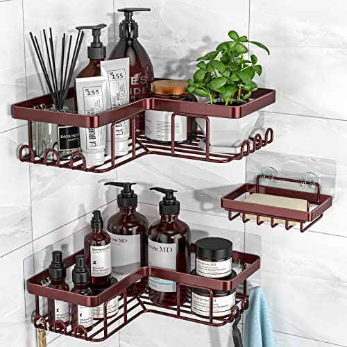 Corner Shower Caddy, 3-Pack Adhesive Shower Caddy with Soap Holder and 12 Hooks, Rustproof Stainless Steel, No Drilling Wall Mounted Rack Organizer, for Bathroom, Bronze - color: Bronze