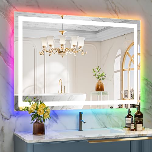 44x30 Inch RGB LED Bathroom Mirror Front Light and RGB Backlit Lighted Vanity Mirror for Bathroom Wall Mounted Dimmable Anti Fog Memory Shatter-Proof IP54 Waterproof Horizontal/Vertical - color: Rgb Backlit+front Lit, size: 44"L x 30"W