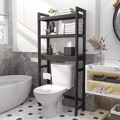 Over The Toilet Storage, Bamboo 3-Tier Over-The-Toilet Space Saver Organizer Rack, Stable Freestanding Above Toilet Stand with 3 Hooks for Bathroom, Restroom, Laundry, Espresso - color: Espresso