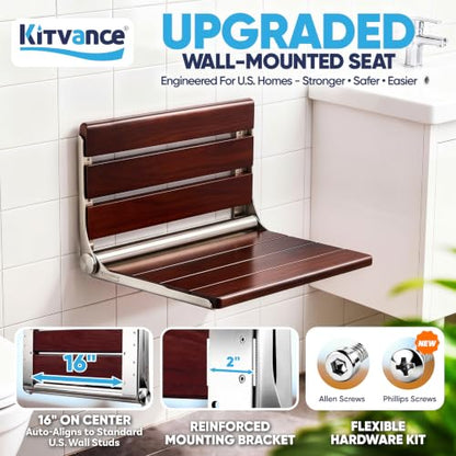 [Upgraded Version] 18" ADA Compliant Folding Teak Shower Seat Wall Mounted-Folding Shower Bench, Folding Shower Seat for Inside Shower, Teak Foldable Shower Chair, Fold Down Shower Seat, Max 400lbs - size: 18.4*13.4*10.3 Inch Teak