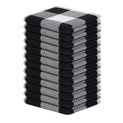 Homaxy 100% Cotton Check 12 Pack Dish Cloths, 12" x 12", White & Black | Waffle Weave, Plaid, Super Soft and Absorbent Dish Rags, Quick Drying, Multi-Purpose - color: White & Black, size: 12 x 12 - 12 Pack