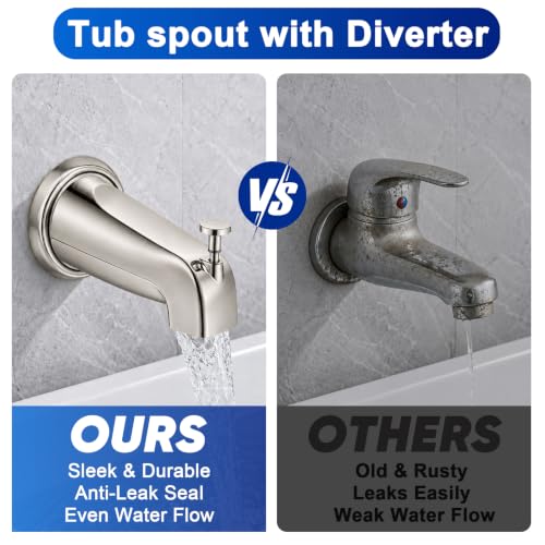 Universal Brushed Nickel Tub Spout with Diverter, Metal Cover and Adapter | Pull Down Bathroom Tub Faucet Replacement, for 1/2" Copper Pipe, 1/2" IPS & 3/4" IPS threaded, Bathtub Spout with Hex Wrench - color: Brushed Nickel