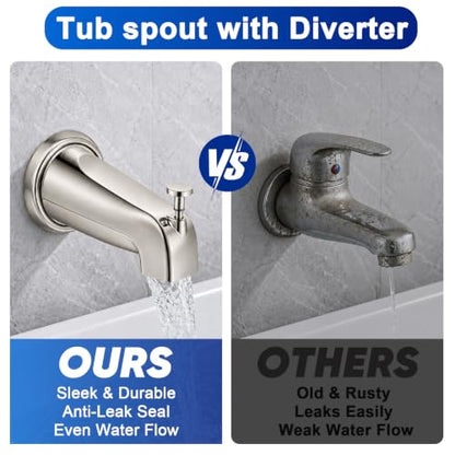 Universal Brushed Nickel Tub Spout with Diverter, Metal Cover and Adapter | Pull Down Bathroom Tub Faucet Replacement, for 1/2" Copper Pipe, 1/2" IPS & 3/4" IPS threaded, Bathtub Spout with Hex Wrench - color: Brushed Nickel