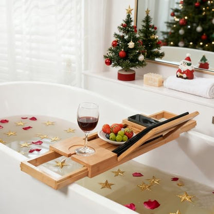 Utoplike Bamboo Bathtub Caddy Tray for Tub, Expandable Bath Table | Adjustable Bathroom Organizer, with Book Tablet Stand, Wine Glass Cup, Towel Holder - color: 19.8-33.5 in