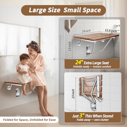 𝙐𝙥𝙜𝙧𝙖𝙙𝙚 24 Inch Folding Shower Seat Wall Mounted, Teak Wood Shower Seat with Stainless Steel Bracket & Finish Cap, 550lb Capacity, for Elderly, Disabled, Pregnant Women, Kids - size: 24 inches seat