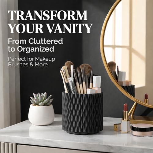 Black Makeup Brush Holder, 360° Rotating Makeup Organizer | 5-slot spinning vanity countertop caddy for makeup brushes, lipstick, hair brush & pens — bathroom, dorm & office - style: Black