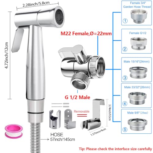 Bidet Stainless Steel Hand Shower, Kitchen Bathroom Pet Bathing Shower Head with 59in Hose and G1/2, 55/64", 15/16" Faucet Adapters, Hair Washing, Dog Shower and More