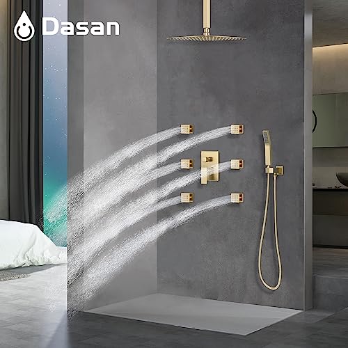 DASAN Full Body Shower System with 6 PCS Body Spray Jets & 12'' Rain Shower Head & Handheld, Ceiling Mount Rain Shower System Brushed Gold Shower Faucets Sets Complete with Valve, SA-SS03ABG-S12C - color: Brushed Gold