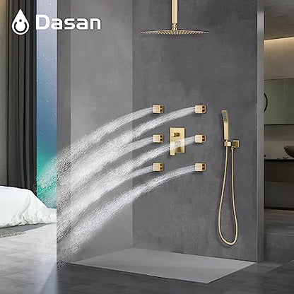DASAN Full Body Shower System with 6 PCS Body Spray Jets & 12'' Rain Shower Head & Handheld, Ceiling Mount Rain Shower System Brushed Gold Shower Faucets Sets Complete with Valve, SA-SS03ABG-S12C - color: Brushed Gold