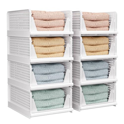 CTSNSLH 8 Pack Closet Organizers Stackable Storage Box | White stackable plastic drawer bins for closets, wardrobes, kitchens, bathrooms, offices - size: 8 Pack