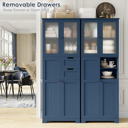 BOTLOG 67'' Tall Bathroom Storage Cabinet, Linen Cabinet with Glass Doors and Adjustable Shelves, Kitchen Pantry with 2 Drawers for Bathroom, Living Room, Dining Room, Blue | 2 Drawers, Linen Bathroom Cabinet with Glass Doors and Shelves for Living Room,