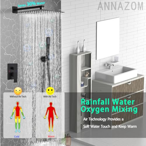 Rainfall Shower System Matte Black Shower Faucet Set with High Pressure 12inch Shower Head Hand Held Square Shower Head Bathroom Luxury Rain Mixer Shower Complete Combo Set Wall Mounted - color: Matte Black, style: 12"- 2 Function