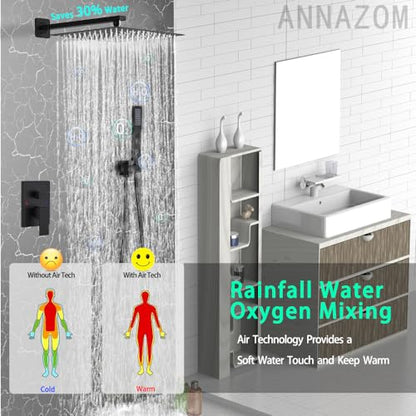 Rainfall Shower System Matte Black Shower Faucet Set with High Pressure 12inch Shower Head Hand Held Square Shower Head Bathroom Luxury Rain Mixer Shower Complete Combo Set Wall Mounted - color: Matte Black, style: 12"- 2 Function