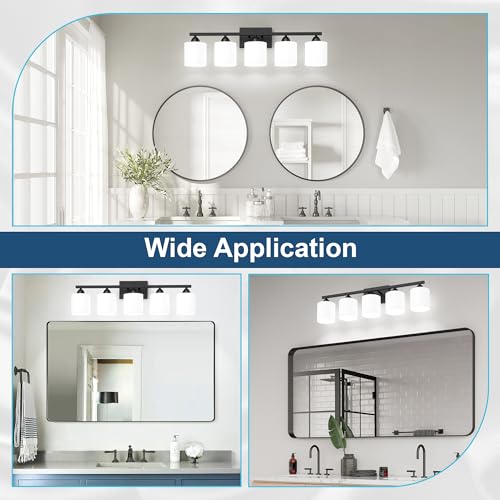 Black Bathroom Lighting Fixtures Over Mirror, 5-Light Anti-Rust Vanity Light for Bathroom, 28.34Inches Modern Wall Sconce, Standard E26 Base, Milky White Glass Shades, Bulbs Not Included - color: Black-5Light